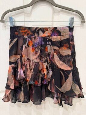 AllSaints Tippi Floral Ruffle Tiered Mini Skirt US 2 Viscose Black Smocked